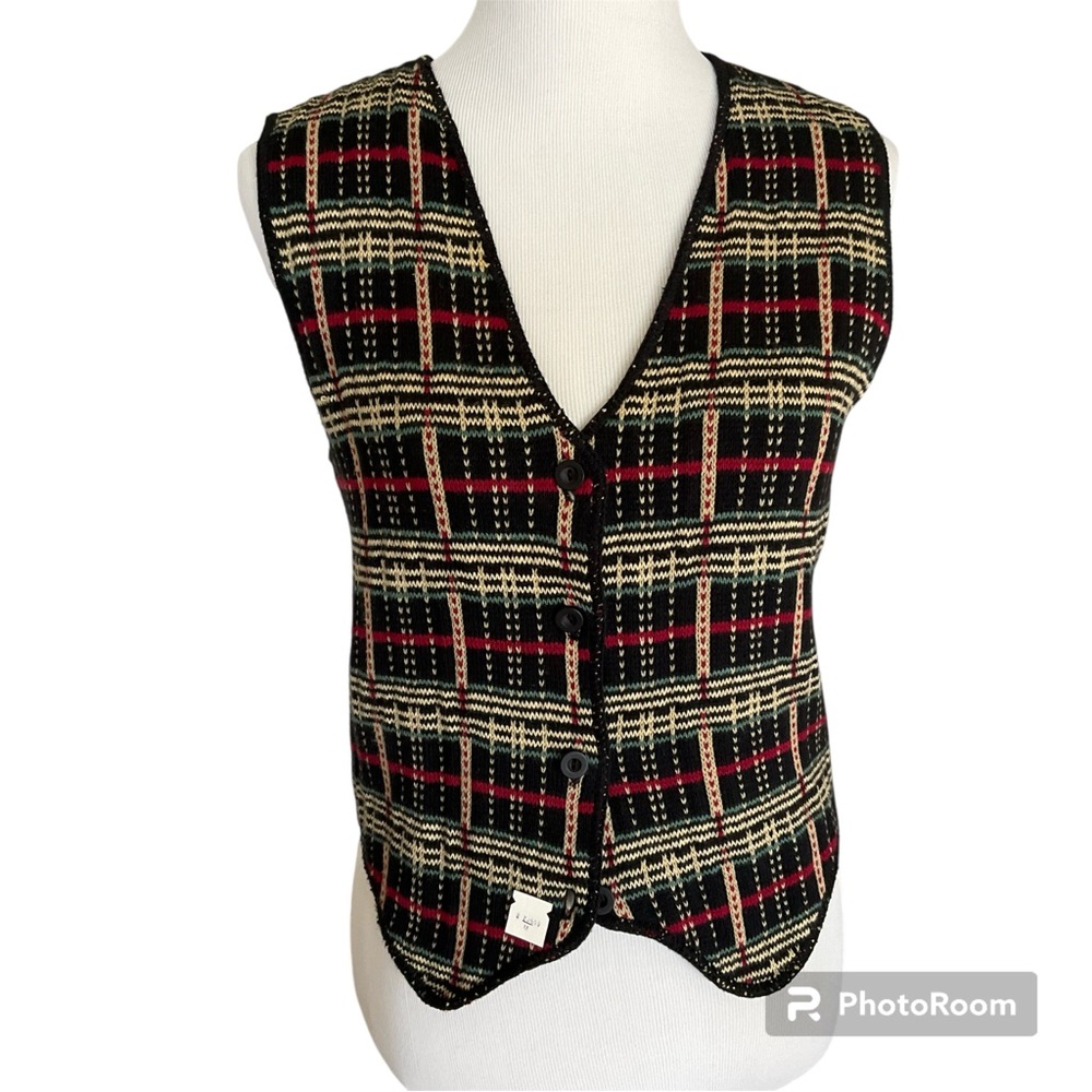 New Vintage Dead Stock G.H. Bass Plaid Sweater Vest Black Tan Red M